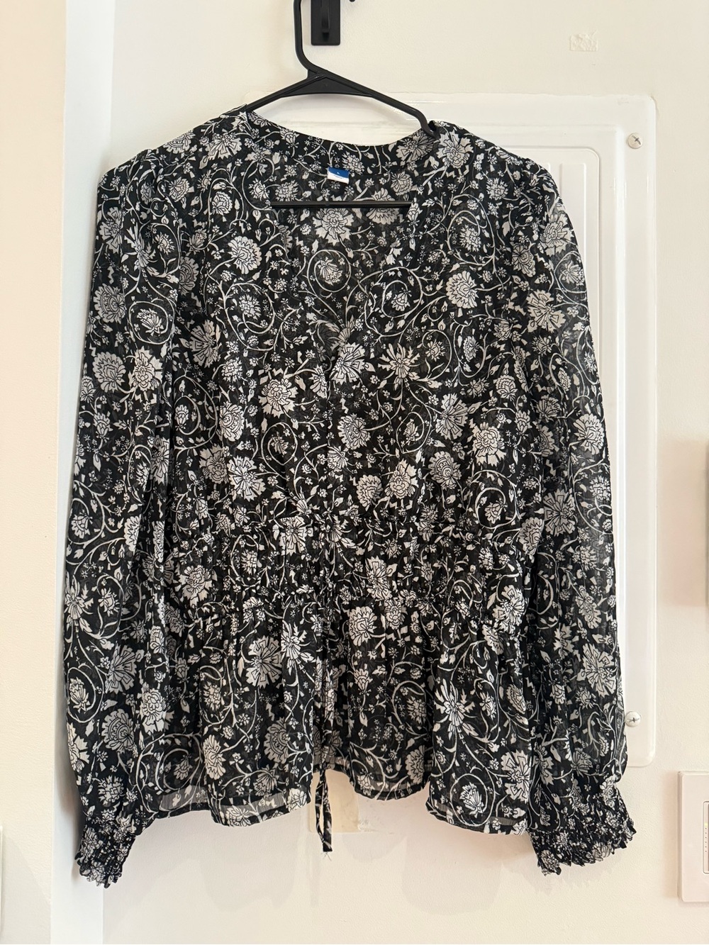 Old Navy Black and White Floral V-Neck Blouse